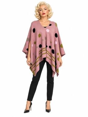 amoroso Merino Wool V-Neck Poncho/Sweater | Brown/Pink/Olive | OS